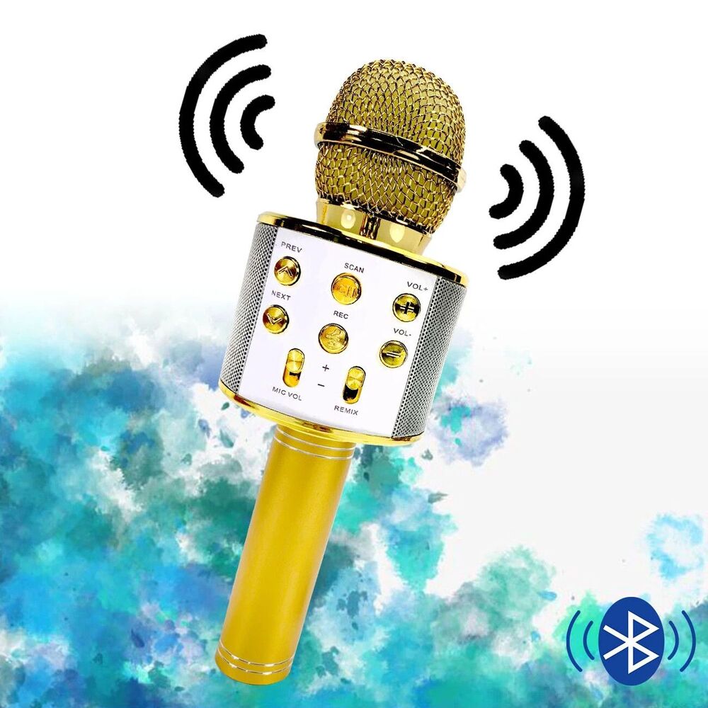 Wireless Bluetooth Karaoke Microphone Gold Handheld Speaker Recorder 9" NIB